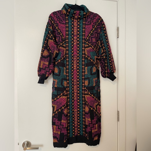 Farm Rio Yawanawa Stripes Midi Sweater Dress Multicolor Tribal Print Size Small - Picture 10 of 16